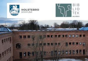 Bygning hvor Holstebro Rådhus og Bibliotek holder til samt logo Holstebro kommune og bibliotek